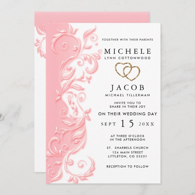 Pink Floral Swirl Wedding and RSVP Invitation (Front/Back)
