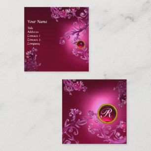 PINK FLORAL SWIRLS RED RUBY GEMSTONE MONOGRAM SQUARE BUSINESS CARD