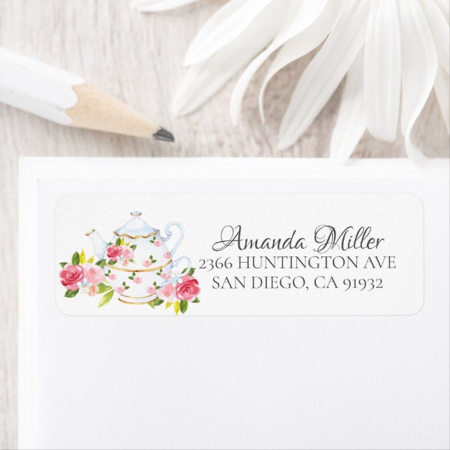 Pink Floral Tea Bridal Return Address Label (Insitu)