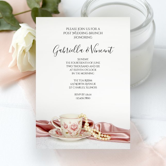 Pink Floral Tea Cup and Pearls Post Wedding Brunch Invitation (Creator Uploaded)