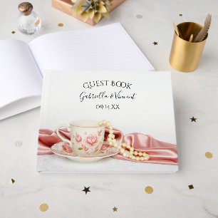 Pink Floral Tea Cup and Pearls Wedding Guest Book