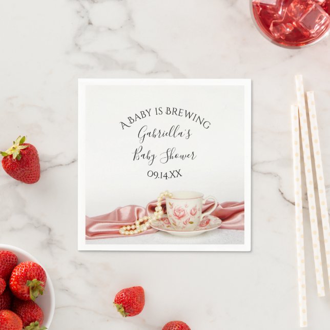 Pink Floral Tea Cup Baby is Brewing Shower  Napkin (Insitu)