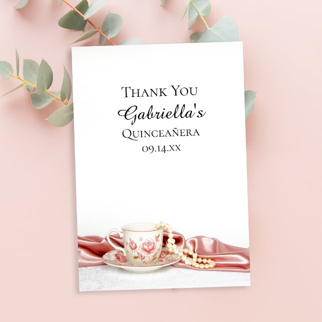 Pink Floral Tea Cup Pearls Quinceanera Thank You (Creator Uploaded)