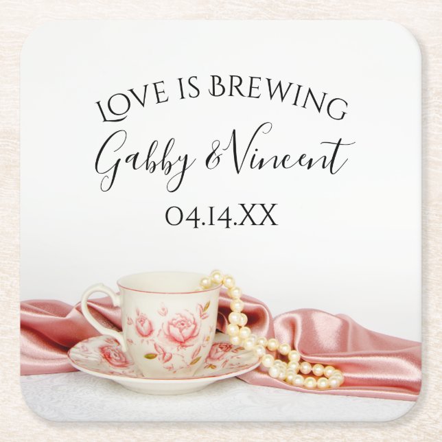 Pink Floral Tea Cup Pearls Wedding Love is Brewing Square Paper Coaster (Front)
