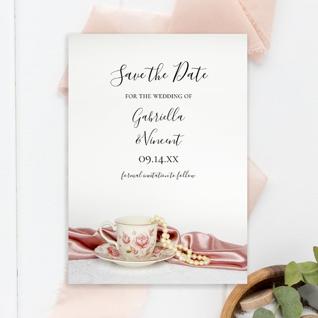 Pink Floral Tea Cup Pearls Wedding Save the Date (Creator Uploaded)