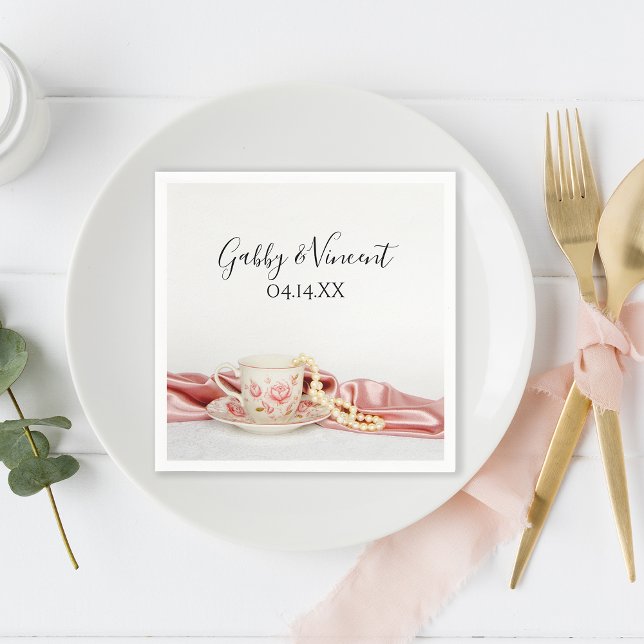 Pink Floral Tea Cup with Pearls Wedding Napkin (Creator Uploaded)