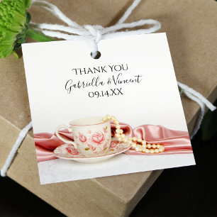 Pink Floral Tea Cup with Pearls Wedding Thank You Favour Tags