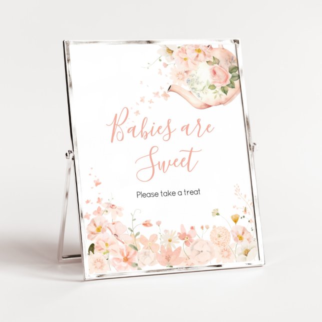 Pink Floral Tea for Two Babies are Sweet Poster (Pink Floral Tea for Two Baby Shower Babies are Sweet Sign)
