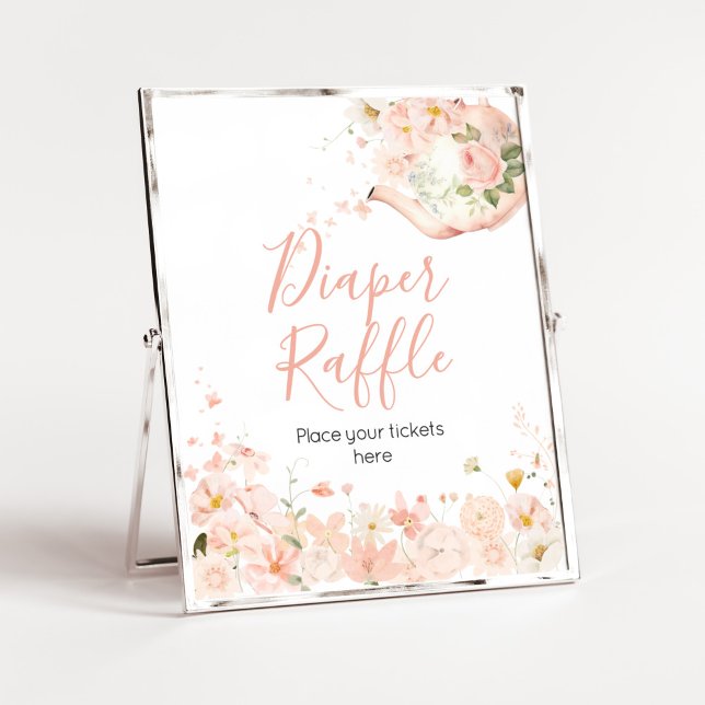 Pink Floral Tea for Two Baby Shower Diaper Raffle Poster (Pink Floral Tea for Two Baby Shower Diaper Raffle Sign)