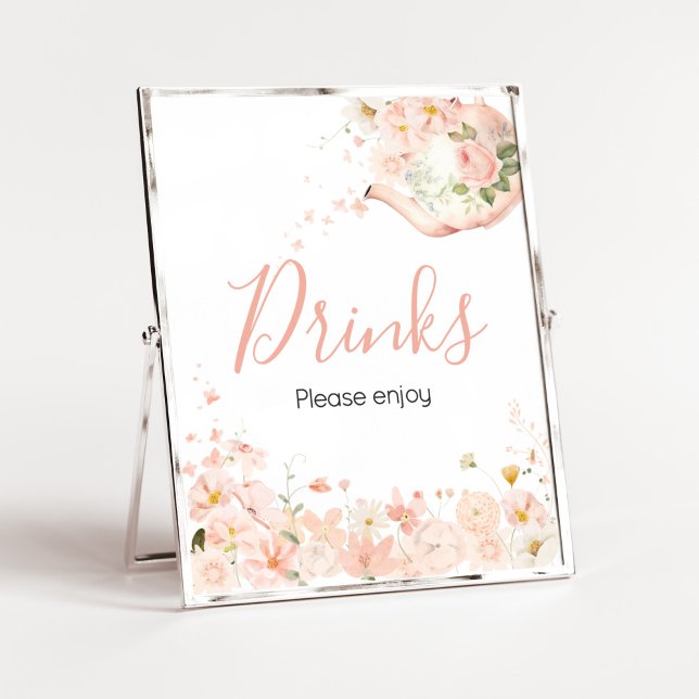 Pink Floral Tea for Two Baby Shower Drinks Poster (Pink Floral Tea for Two Baby Shower Drinks Sign)