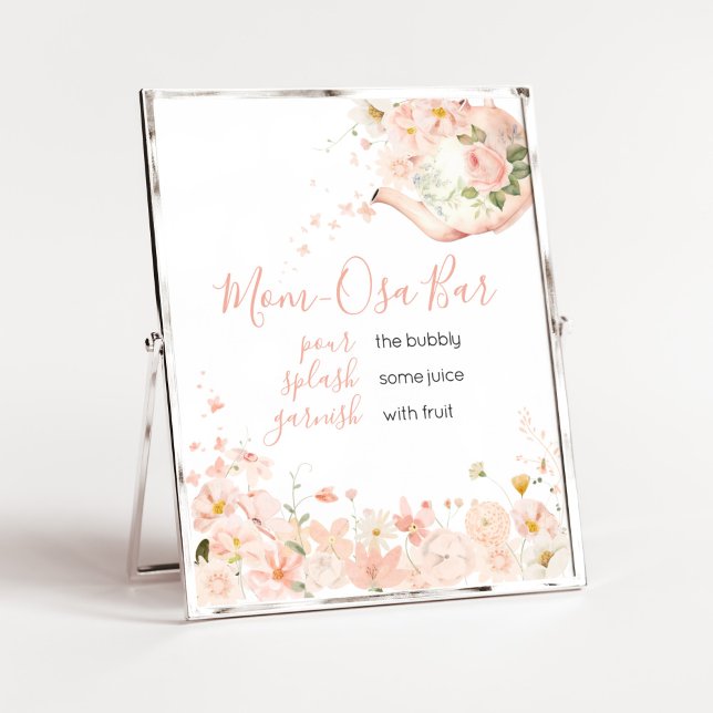 Pink Floral Tea for Two Baby Shower Mum Osa Bar Poster (Pink Floral Tea for Two Baby Shower Mom Osa Bar Sign)