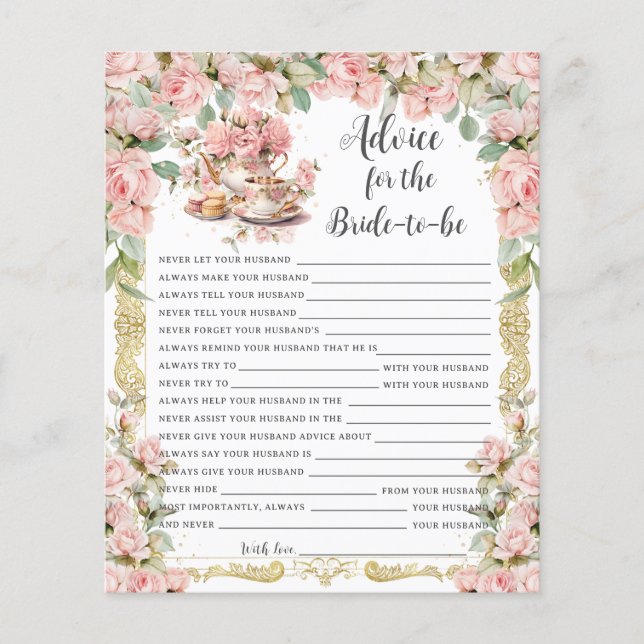 Pink Floral Tea Party Advice for Bride to Be Game (Front)