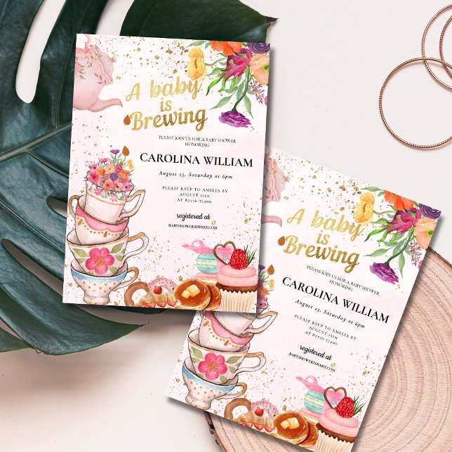 Pink Floral tea party Baby is Brewing baby shower Invitation (Creator Uploaded)