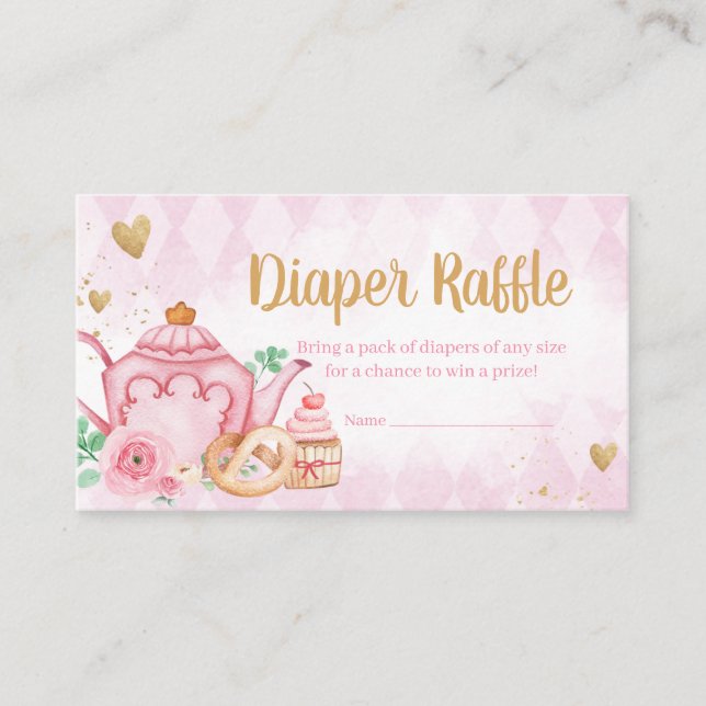Pink Floral Tea Party Baby Shower Diaper Raffle Enclosure Card (Front)