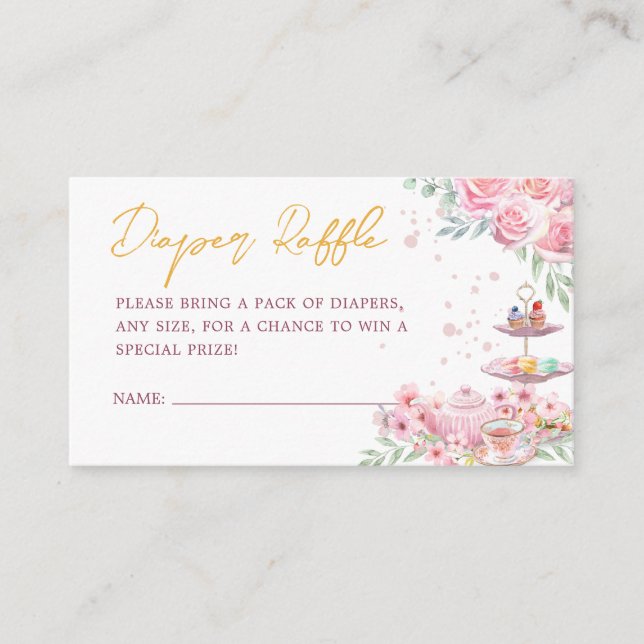 Pink Floral Tea Party Baby Shower Diaper Raffle Enclosure Card (Front)
