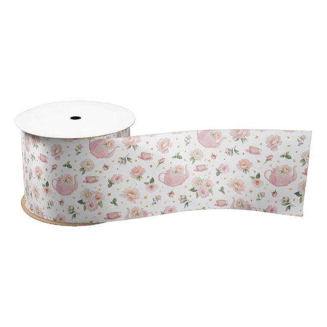 Pink Floral Tea Party Baby Shower Satin Ribbon (Spool)