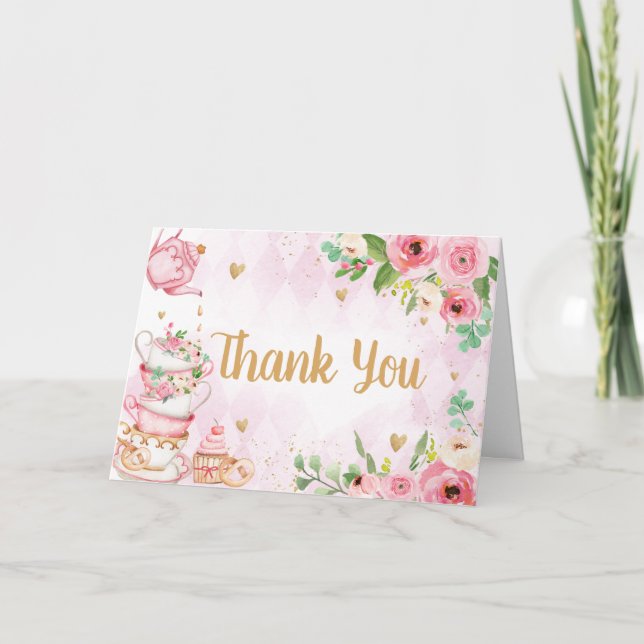 Pink Floral Tea Party Baby Shower  Thank You Card (Front)