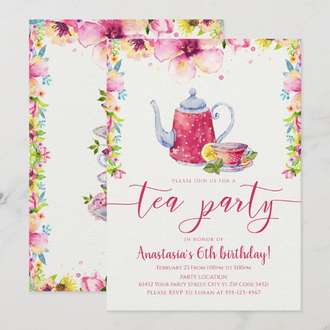 Pink Floral Tea Party Birthday Invitation (Front/Back)