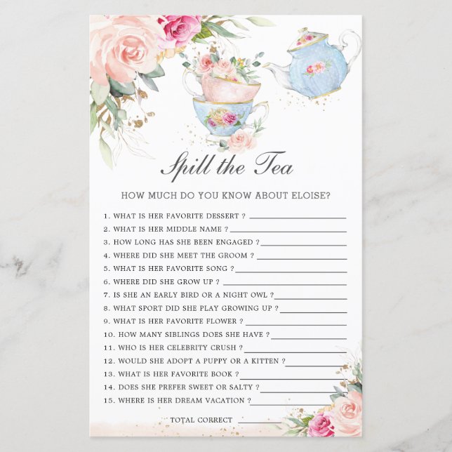 Pink Floral Tea Party Bridal Shower Spill the Tea  (Front)