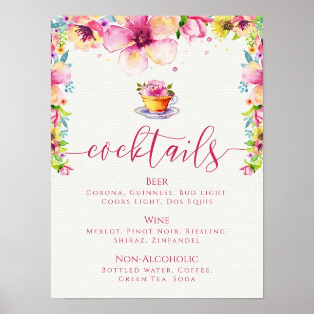 Pink Floral Tea Party Cocktail Menu Poster (Front)
