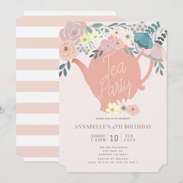 Pink Floral Tea Party Girl Birthday Invitation (Front/Back)