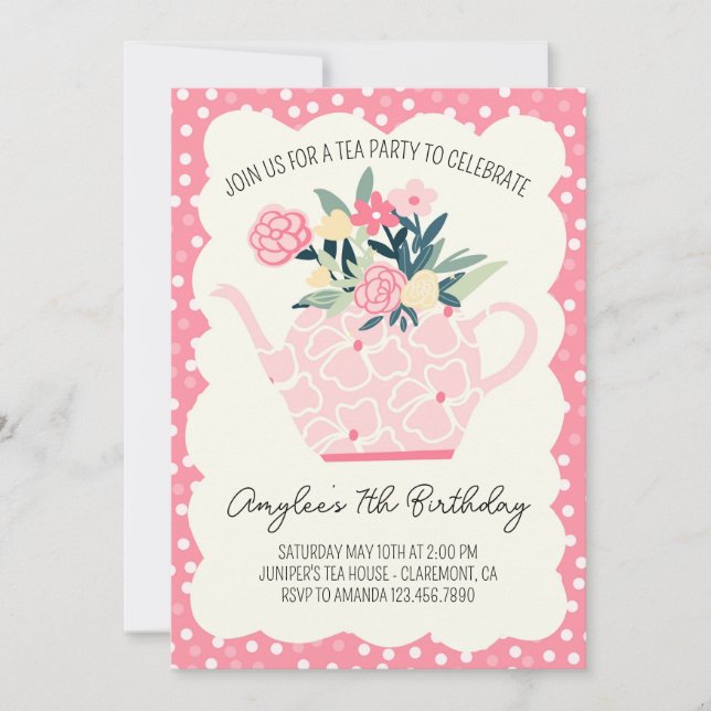 Pink Floral Tea Party Girl Birthday Invitation (Front)