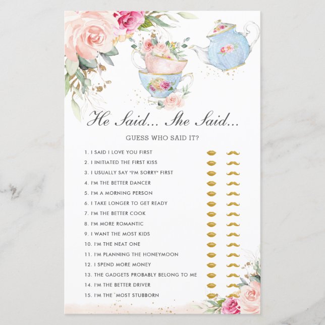 Pink Floral Tea Party He Said She Said Bridal Game (Front)