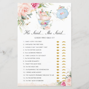 Pink Floral Tea Party He Said She Said Bridal Game