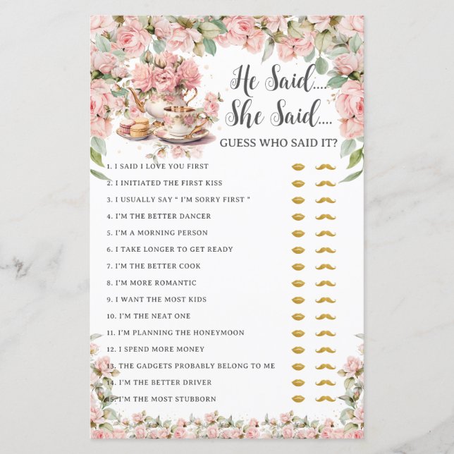 Pink Floral Tea Party He Said She Said Bridal Game (Front)