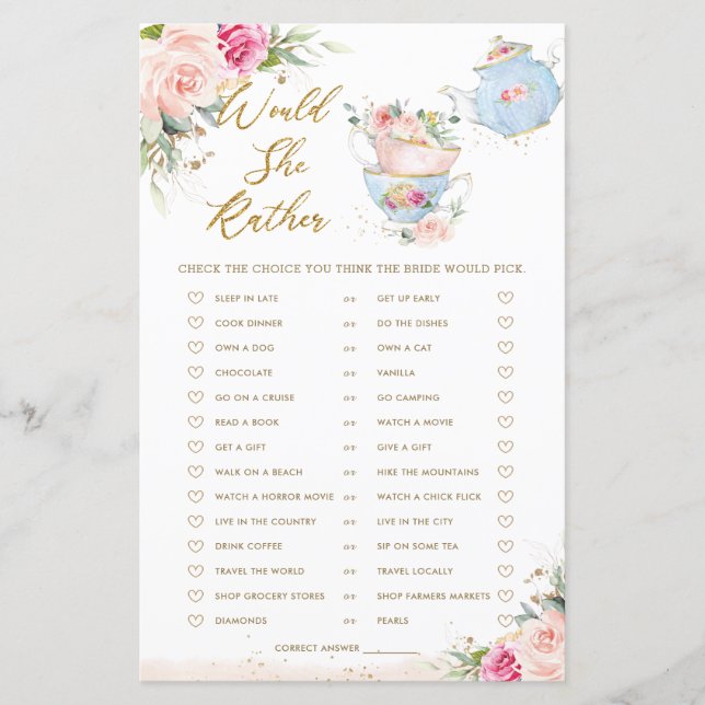 Pink Floral Tea Party Would She Rather Bridal Game (Front)