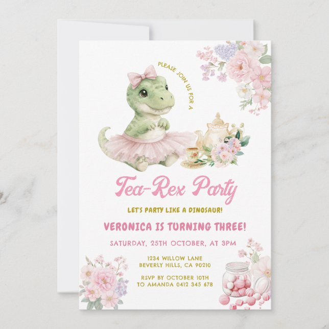 Pink Floral Tea-Rex Dinosaur 3rd Birthday Invitation (Front)
