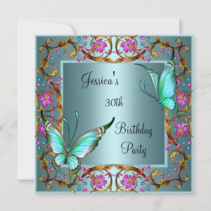 Pink Floral Teal Blue Butterfly 30th Birthday Invitation