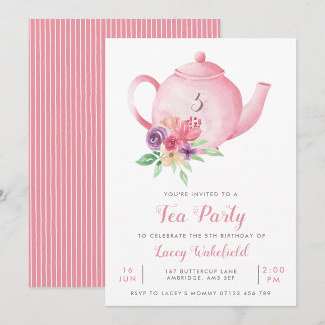 Pink Floral Teapot Girl's Birthday Tea Party Invit Invitation (Front/Back)