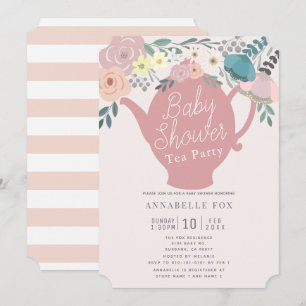 Pink Floral Teapot Tea Party Baby Shower Invitation