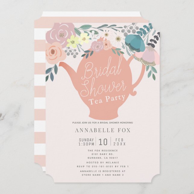 Pink Floral Teapot Tea Party Bridal Shower Invitation (Front/Back)