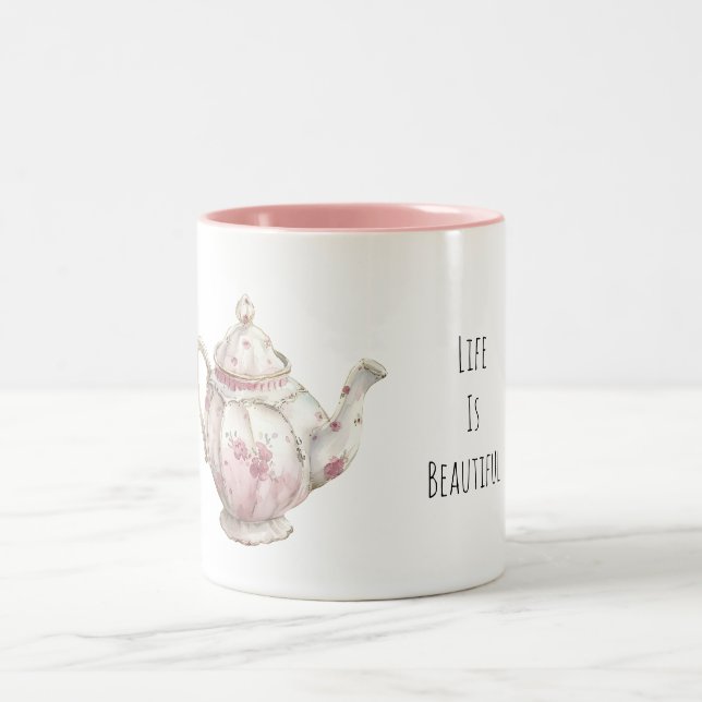 Pink Floral Teapot Two-Tone Coffee Mug (Center)