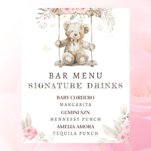 Pink Floral Teddy Bear Baby Shower Bar Menu Poster