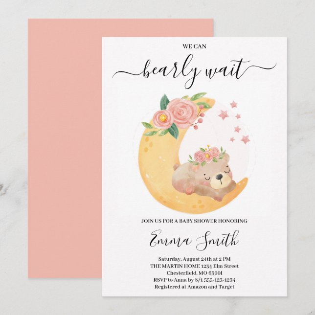 Pink Floral Teddy Bear Baby Shower Invitation (Front/Back)
