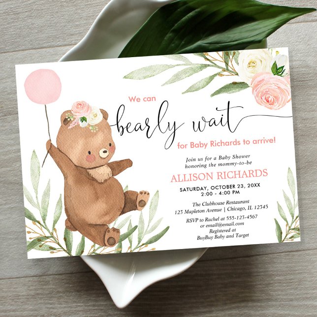 Pink floral teddy bear balloon girl baby shower invitation (Creator Uploaded)