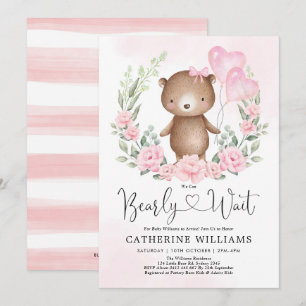 Pink Floral Teddy Bear Balloons Girl Baby Shower Invitation