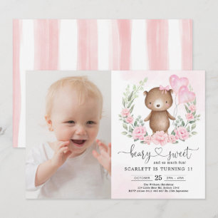 Pink Floral Teddy Bear Girl 1st Birthday Party Invitation