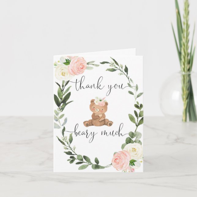 Pink floral teddy bear greenery eucalyptus cute thank you card (Front)