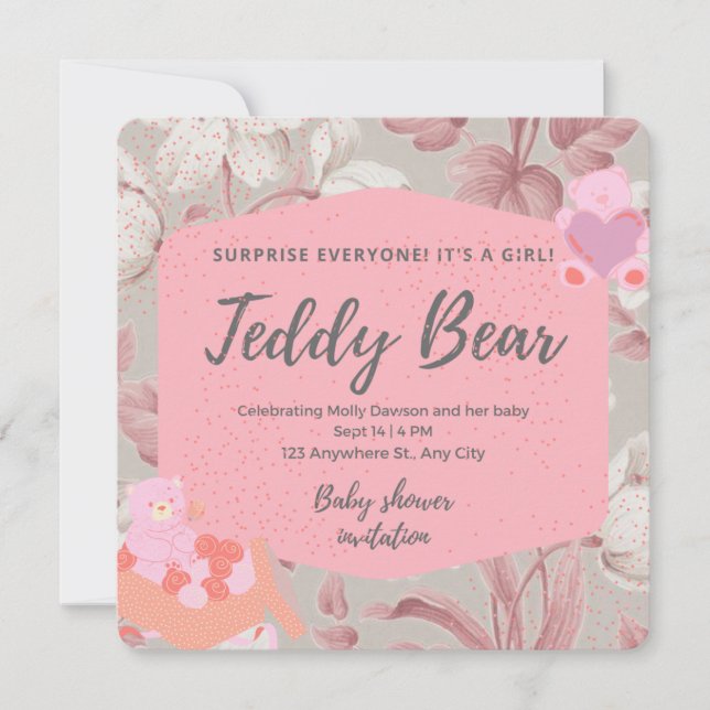 Pink floral teddy bear greenery girl baby shower  invitation (Front)