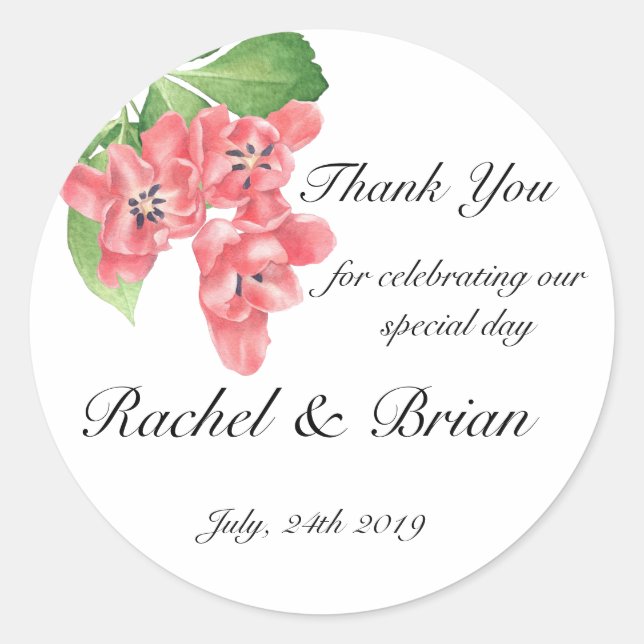 Pink Floral Thank You Classic Round Sticker (Front)