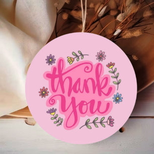 Pink Floral thank you handwritten Classic Round Sticker