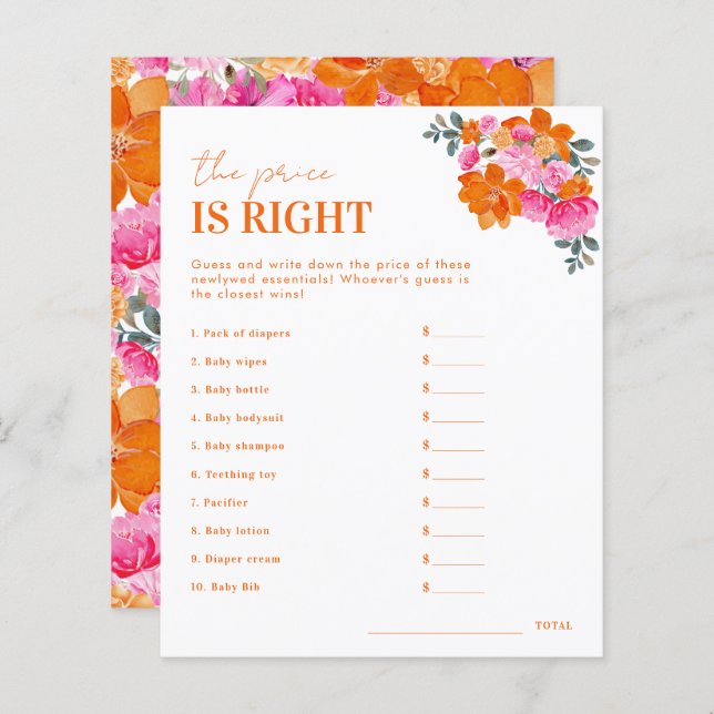 Pink Floral The Price is Right Baby Shower Game (Front/Back)