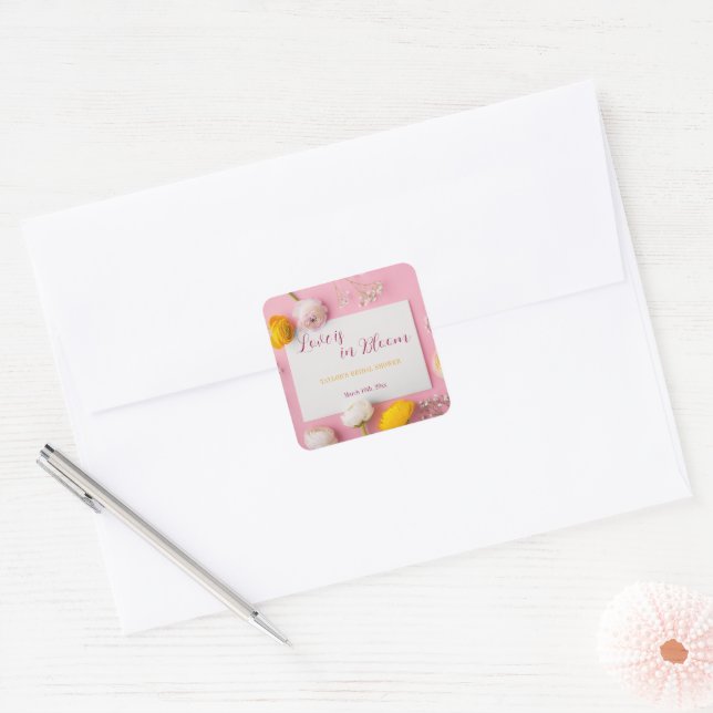 Pink Floral Theme Bridal Shower Square Sticker (Envelope)