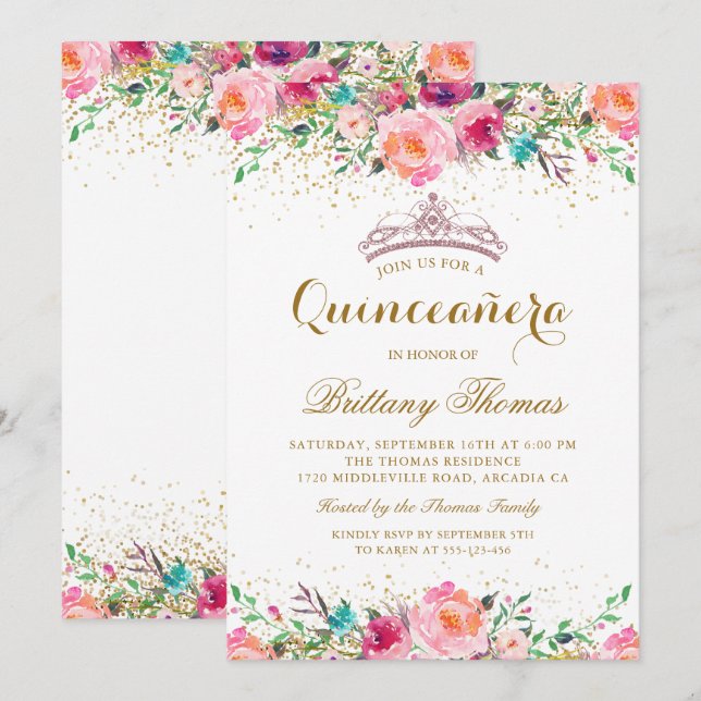 Pink Floral Tiara Quinceanera 15th Birthday Invite (Front/Back)
