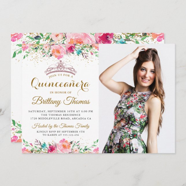 Pink Floral Tiara Quinceanera 15th Birthday Photo Invitation (Front/Back)