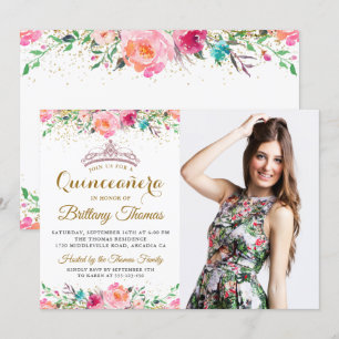 Pink Floral Tiara Quinceanera 15th Birthday Photo Invitation